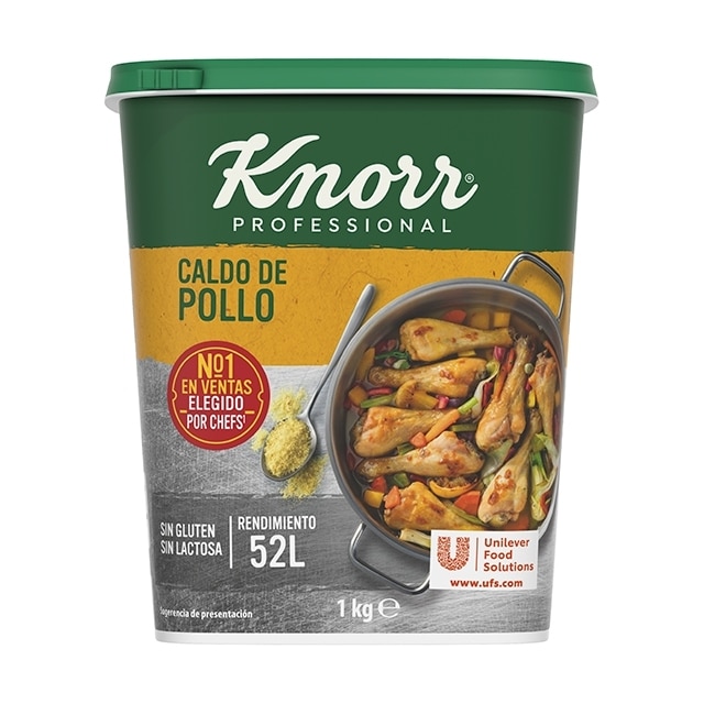 Knorr Caldo Sazonador de Pollo sin gluten y sin lactosa bote 1kg - Redondea y equilibra tus recetas con el Caldo de Pollo deshidratado Knorr, el Nº1 en ventas.