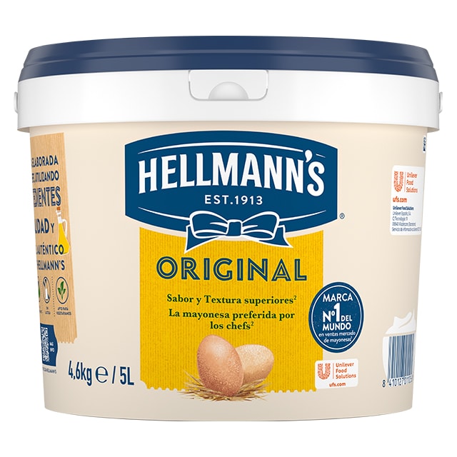 Hellmann’s Original mayonesa sin gluten cubo 5L - Novedad: sabor y textura superiores² & la mayonesa preferida por los chefs¹.