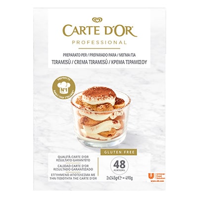 Tiramisú Carte d'Or Sin Gluten 48 raciones - Tiramisú Carte d’Or preferido por Chefs en Italia te permite ofrecer un postre tradicional, a tu manera y en pocos minutos