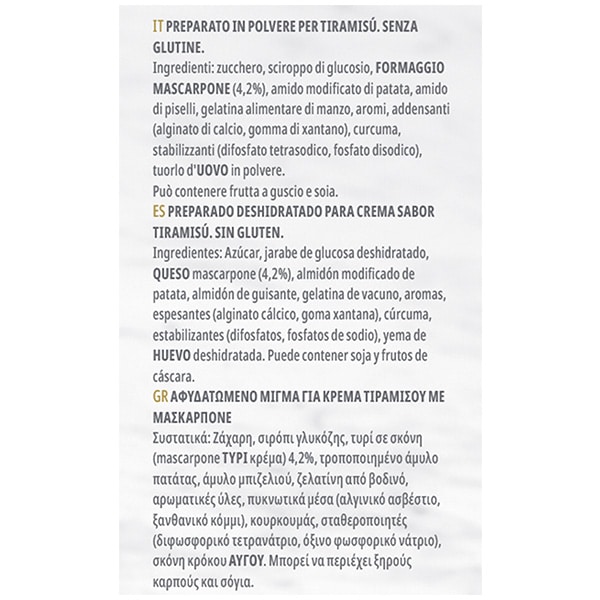 Carte d'Or Tiramisú sin gluten 48 raciones 490g - Tiramisú Carte d’Or preferido por Chefs en Italia te permite ofrecer un postre tradicional, a tu manera y en pocos minutos