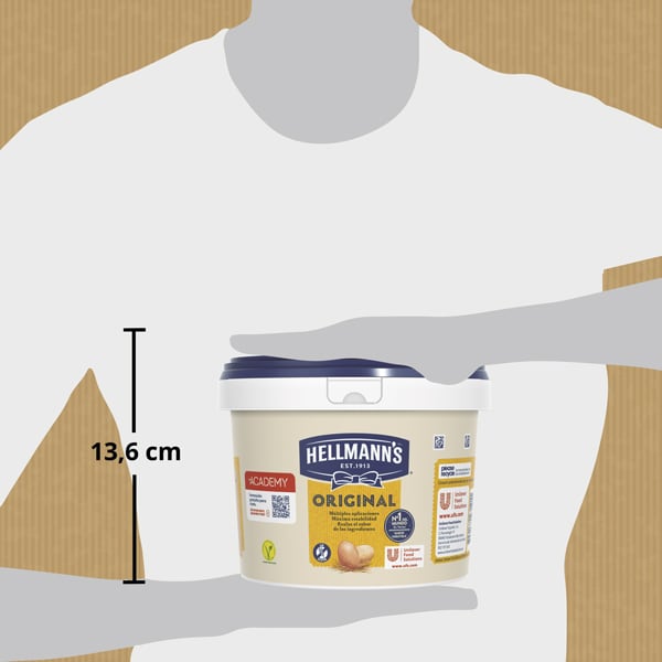 Mayonesa Hellmann's Original Sin Gluten Cubo 2L - Nuevo cubo Hellmann’s Original, 2L: Con un 24% menos de plástico y apertura amplia y lisa para una extracción mejorada.