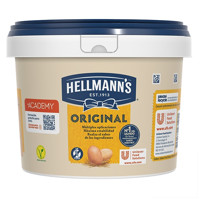 Mayonesa Hellmann's Original Sin Gluten Cubo 2L - Nuevo cubo Hellmann’s Original, 2L: Con un 24% menos de plástico y apertura amplia y lisa para una extracción mejorada.
