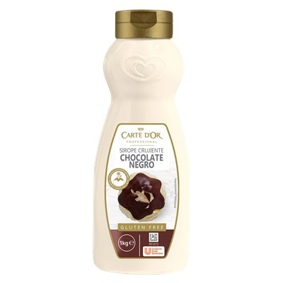 Carte d'Or Sirope Crujiente Chocolate Negro botella 900g - El Sirope Crujiente de Chocolate Negro y toda la gama de Siropes Carte d’Or Profesional es la preferida por los chefs, debido a que está diseñada con colores y sabores para seducir con tus postres