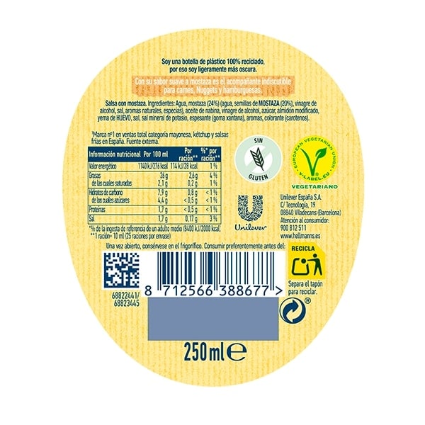 Hellmann's Mostaza Bocabajo sin gluten 250ml - 