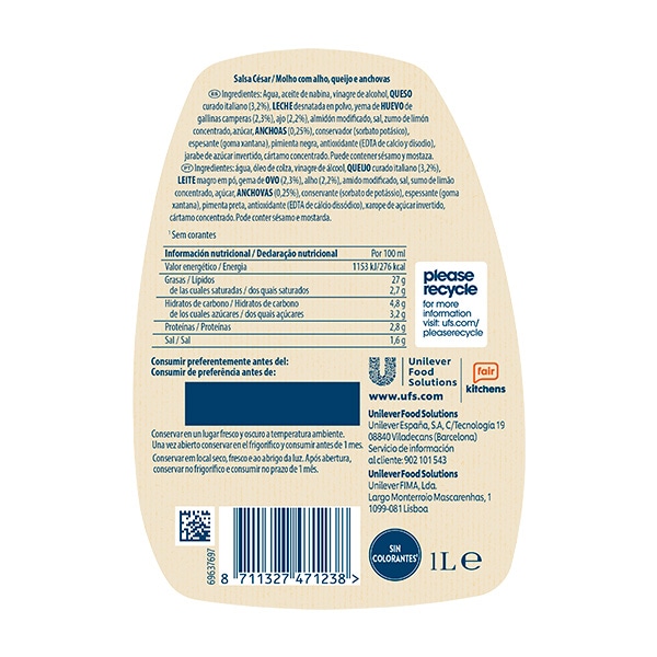 Hellmann’s Salsa para Ensalada César sin gluten 1L - Salsa César. Descubre las nuevas salsas para Ensalada Hellmann's, ahora sin gluten, el mejor ingrediente para inspirar tu creatividad