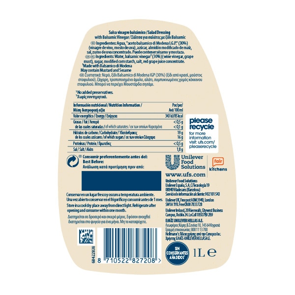 Hellmann’s Salsa para Ensalada Balsámico sin gluten 1L - Nueva salsa para Ensalada Balsámico Hellmann's, ahora sin gluten, el mejor ingrediente para inspirar tu creatividad