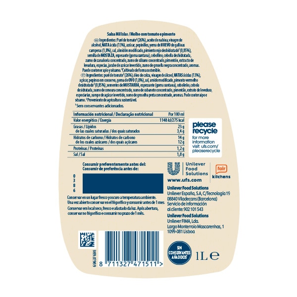 Hellmann’s Salsa para Ensalada Mil Islas sin gluten 1L - Nueva salsa para Ensalada Mil Islas Hellmann's, ahora sin gluten, el mejor ingrediente para inspirar tu creatividad