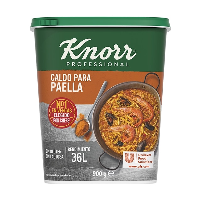 Knorr Caldo Sazonador para Paella sin gluten y sin lactosa bote 900g - Realza el sabor de tus paellas con el Caldo para Paella deshidratado Knorr, el Nº1 en ventas*, sin gluten y sin lactosa.