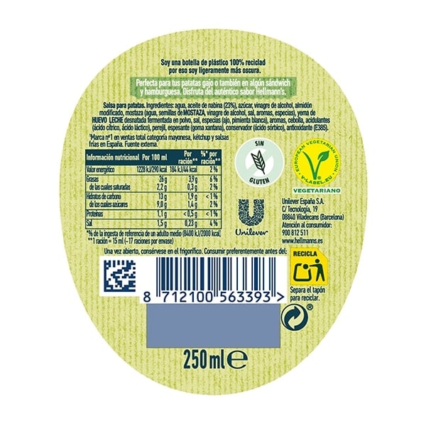 Hellmann's Salsa Patatas Deluxe Bocabajo sin gluten 250ml - 