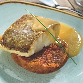Bacalao al chilindrón con caldo emulsionado Bacalao al chilindrón con caldo emulsionado